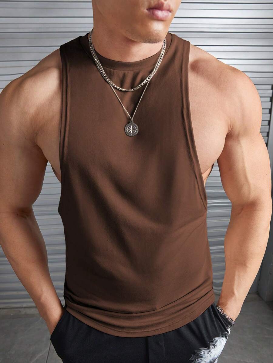 GENTILAND Men Solid Tank Top - Coffee Brown - View 1