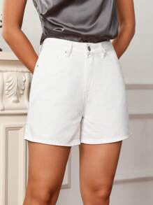 SHEIN Frenchy Denim mùa giặt Quần short Denim - trắng - Xem 2