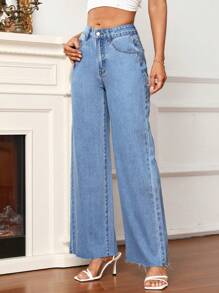 SHEIN Frenchy 素色闊腿牛仔褲 - 淺色水洗藍 - 查看 1