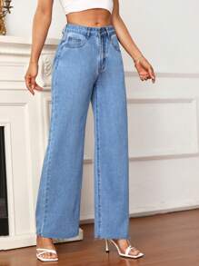 SHEIN Frenchy 素色闊腿牛仔褲 - 淺色水洗藍 - 查看 3