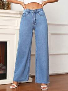 SHEIN Frenchy 素色闊腿牛仔褲 - 淺色水洗藍 - 查看 5