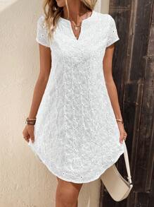 SHEIN Clasi 網眼刺繡缺口領連衣裙 - 白色 - 查看 1