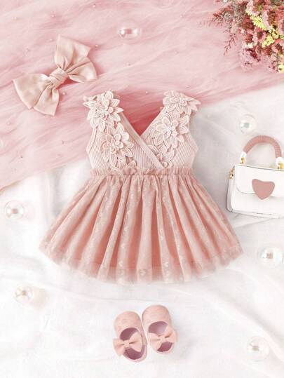 女嬰素色貼花網紗覆蓋連衣裙