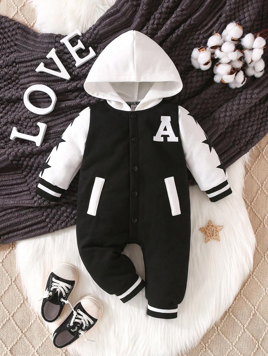 SHEIN Explorewe Baby Boy Letter Graphic Colourblock Hooded Jumpsuit - Black and White - View 1