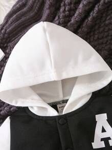 SHEIN Explorewe Baby Boy Letter Graphic Colourblock Hooded Jumpsuit - Black and White - View 5