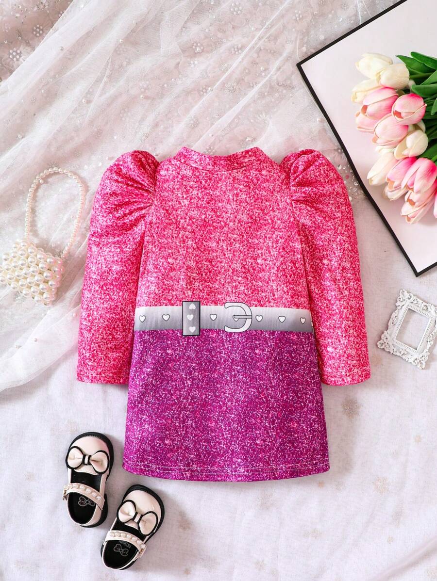 女嬰滿版印花泡泡袖連衣裙 - 玫紅色 - 查看 1