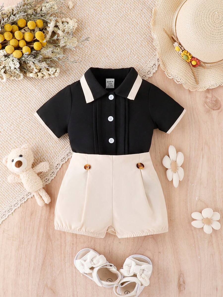 Bộ áo sơ mi viền viền màu tương phản thường ngày cho bé trai mùa hè và quần đùi xếp ly - Nhiều màu - Xem 1