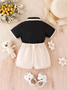 Bộ áo sơ mi viền viền màu tương phản thường ngày cho bé trai mùa hè và quần đùi xếp ly - Nhiều màu - Xem 2