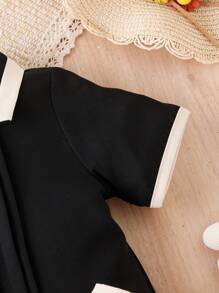 Bộ áo sơ mi viền viền màu tương phản thường ngày cho bé trai mùa hè và quần đùi xếp ly - Nhiều màu - Xem 6