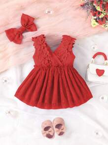 Baby Girl Floral Appliques Peplum Waist Dress - Red - View 1