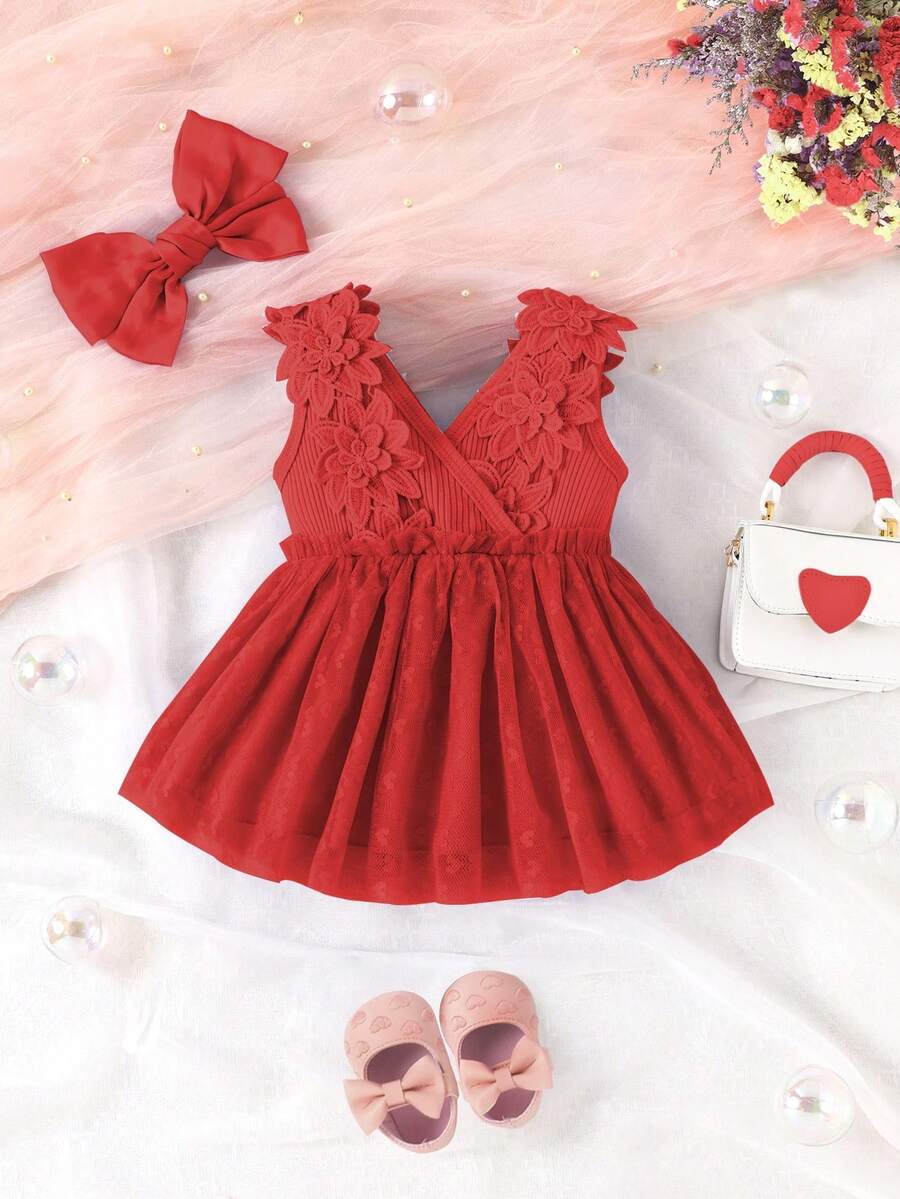 Baby Girl Floral Appliques Peplum Waist Dress - Red - View 1