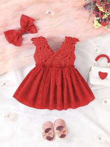 Baby Girl Floral Appliques Peplum Waist Dress - Red - View 2