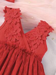 Baby Girl Floral Appliques Peplum Waist Dress - Red - View 3