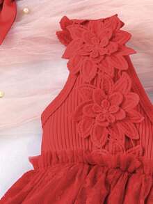 Baby Girl Floral Appliques Peplum Waist Dress - Red - View 4