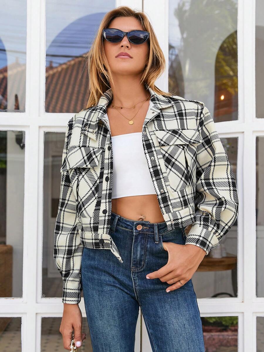 Aveloria Plaid Print Flap Pocket Jacket