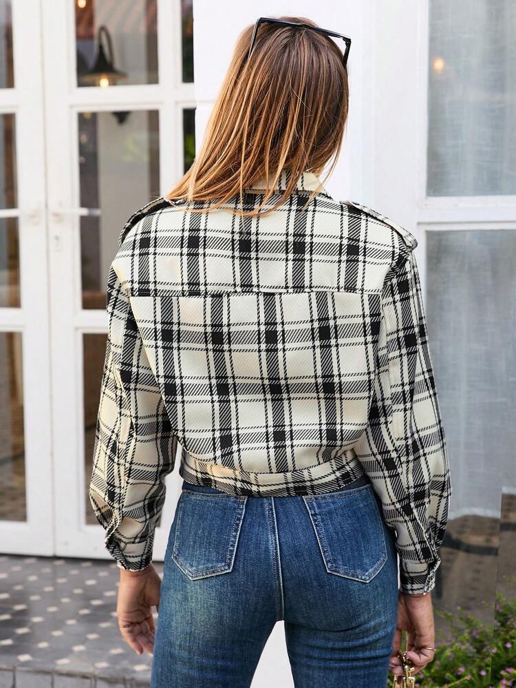 Plaid Print Flap Pocket Jacket Fall Cloth For Women