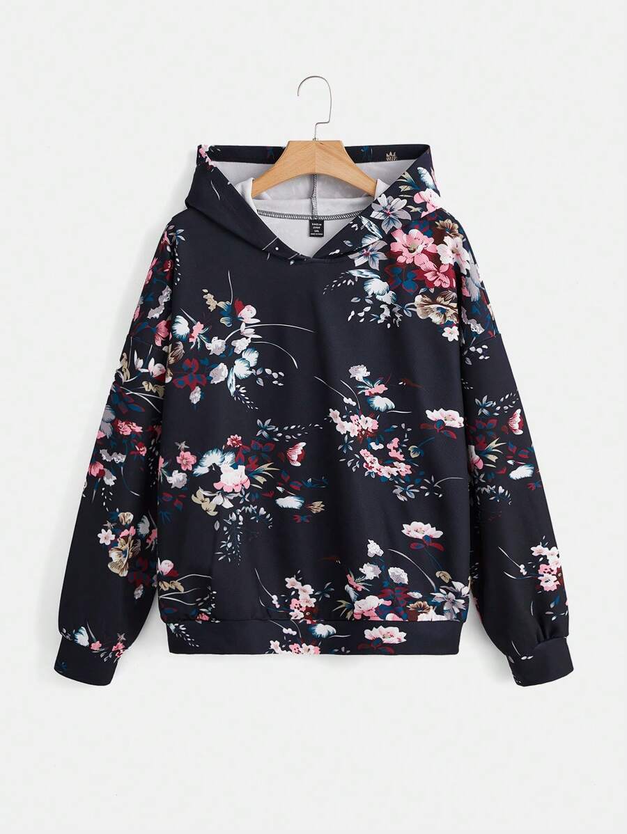 SHEIN LUNE 大码印花落肩卫衣 - 黑色 - 查看 1