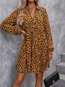 SHEIN LUNE 豹紋印花燈籠袖娃娃裙