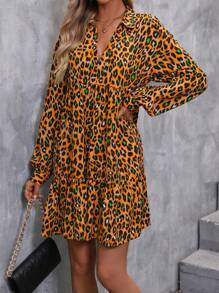 SHEIN LUNE 豹紋印花燈籠袖娃娃裙