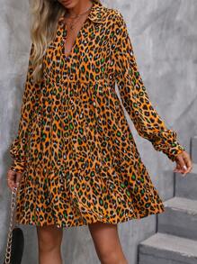 SHEIN LUNE 豹紋印花燈籠袖娃娃裙