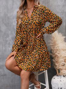 SHEIN LUNE 豹紋印花燈籠袖娃娃裙