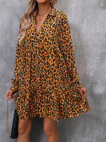 SHEIN LUNE 豹紋印花燈籠袖娃娃裙