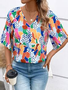 SHEIN LUNE Allover Print V Neck Blouse - Multicolor - View 2
