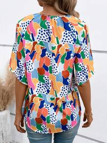 SHEIN LUNE Allover Print V Neck Blouse - Multicolor - View 3