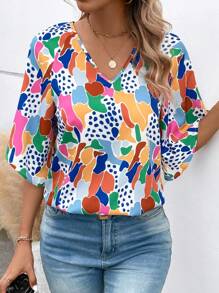 SHEIN LUNE Allover Print V Neck Blouse - Multicolor - View 5