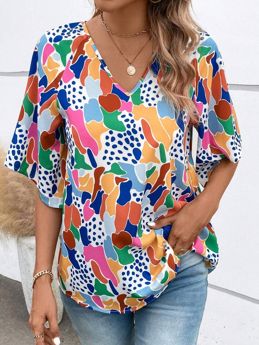 SHEIN LUNE Allover Print V Neck Blouse - Multicolor - View 1