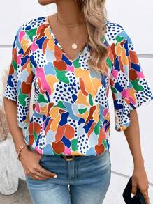 SHEIN LUNE Allover Print V Neck Blouse - Multicolor - View 4