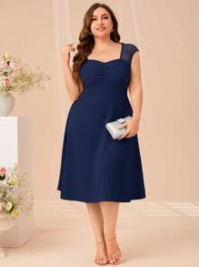 SHEIN Clasi Talla grande Vestido escote corazón pecho con fruncido - Azul Marino - Ver 4