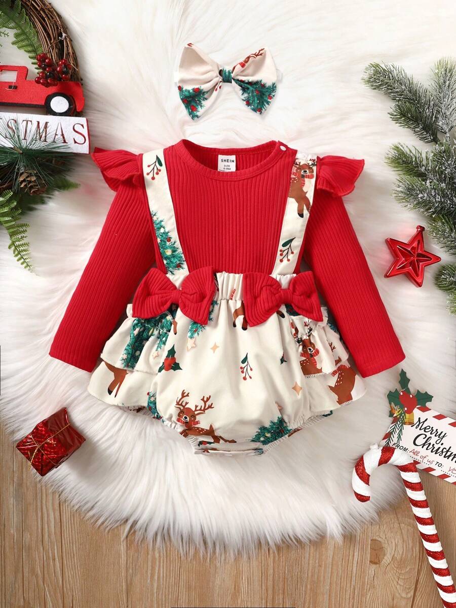 SHEIN 女嬰聖誕圖案前蝴蝶結荷葉邊連身背心＆ 頭巾