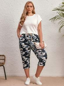 SHEIN LUNE Hơn tay cánh Áo thun & Camo In Eo dây rút Quần - trắng - Xem 1