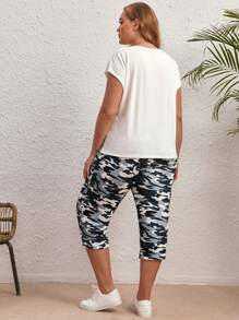 SHEIN LUNE Hơn tay cánh Áo thun & Camo In Eo dây rút Quần - trắng - Xem 2