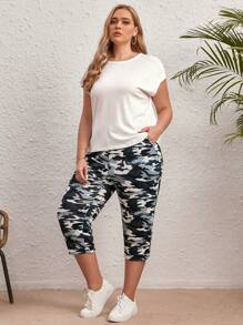 SHEIN LUNE Hơn tay cánh Áo thun & Camo In Eo dây rút Quần - trắng - Xem 3