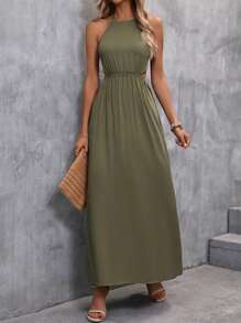 SHEIN Clasi Solid Tie Backless Halter Neck Dress