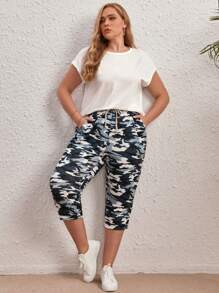 SHEIN LUNE Hơn tay cánh Áo thun & Camo In Eo dây rút Quần - trắng - Xem 4