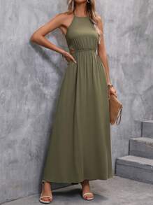 SHEIN Clasi Solid Tie Backless Halter Neck Dress