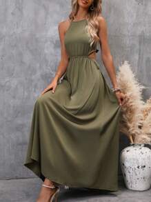 SHEIN Clasi Solid Tie Backless Halter Neck Dress