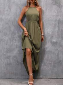 SHEIN Clasi Solid Tie Backless Halter Neck Dress