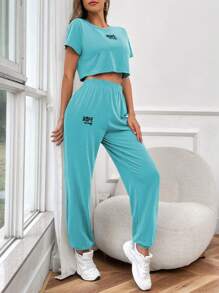 SHEIN Unity Ropa Dos piezas para Mujer Letras Casual - Azul menta - Ver 3