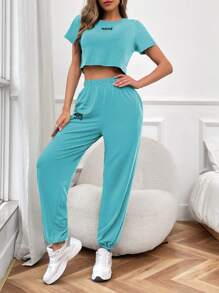 SHEIN Unity Ropa Dos piezas para Mujer Letras Casual - Azul menta - Ver 4