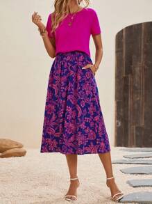 SHEIN LUNE 素色T恤和印花半身裙 - 彩色 - 查看 4