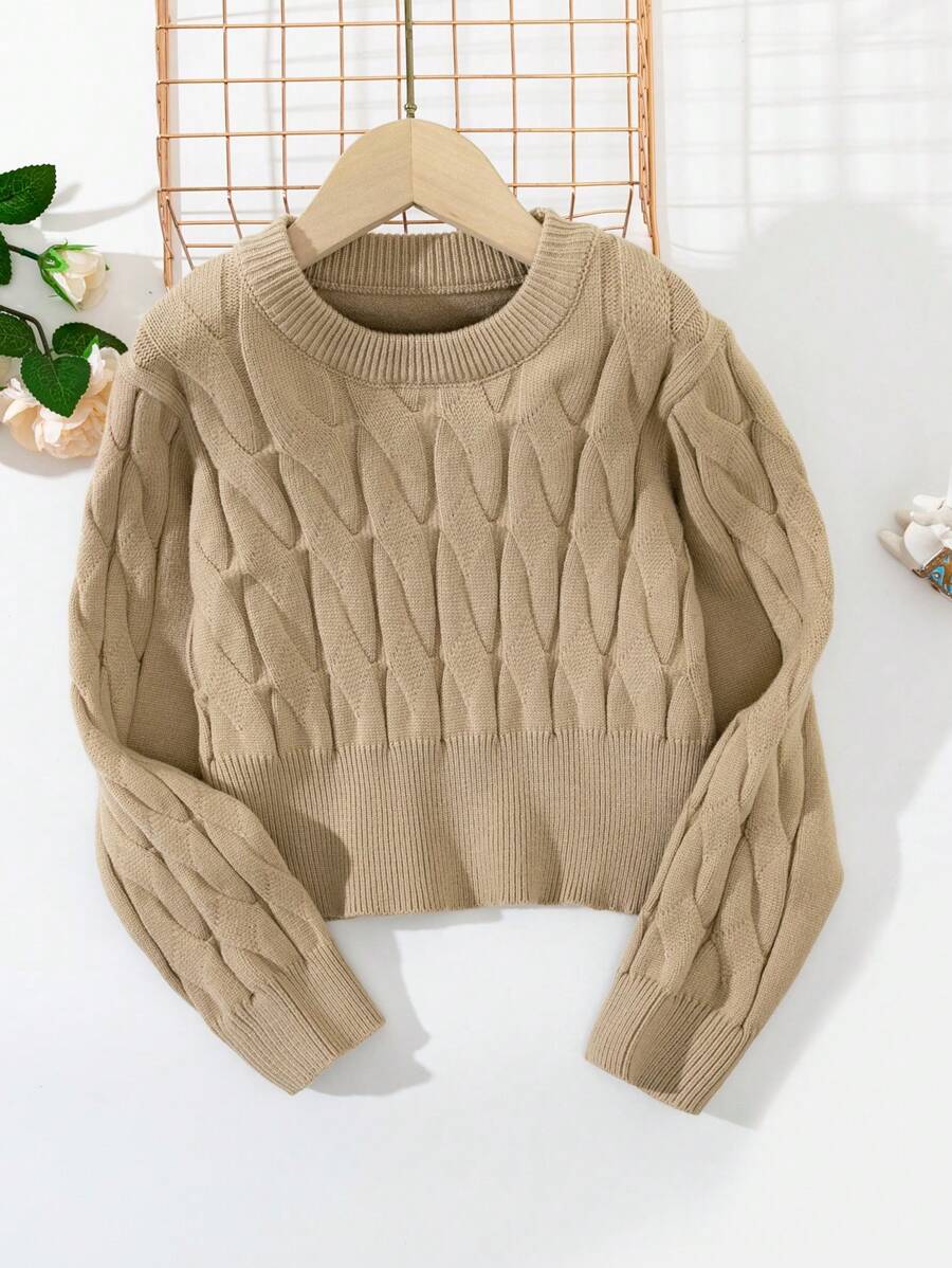 SHEIN Cô gái Tween Chất rắn Xoắn Dan Áo len - Màu Khaki - Xem 1