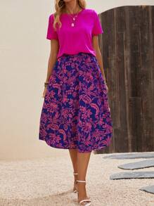 SHEIN LUNE 素色T恤和印花半身裙 - 彩色 - 查看 5