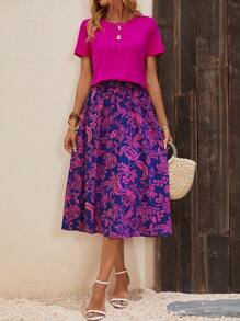 SHEIN LUNE 素色T恤和印花半身裙 - 彩色 - 查看 3