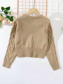 SHEIN Cô gái Tween Chất rắn Xoắn Dan Áo len - Màu Khaki - Xem 2