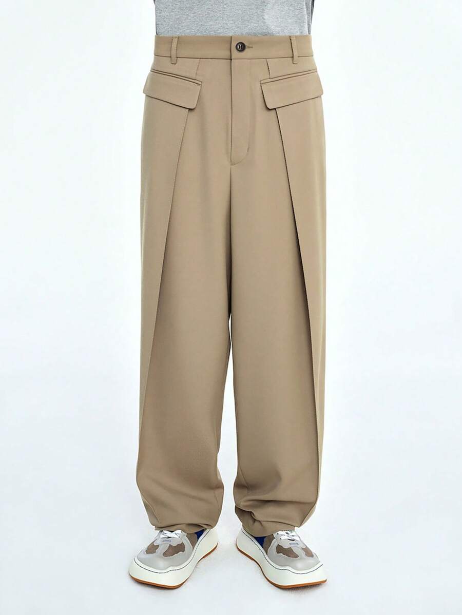 Manfinity Mode 男士素色翻蓋細節直筒西裝褲 - 卡其色 - 查看 1