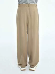 Manfinity Mode 男士素色翻蓋細節直筒西裝褲 - 卡其色 - 查看 2